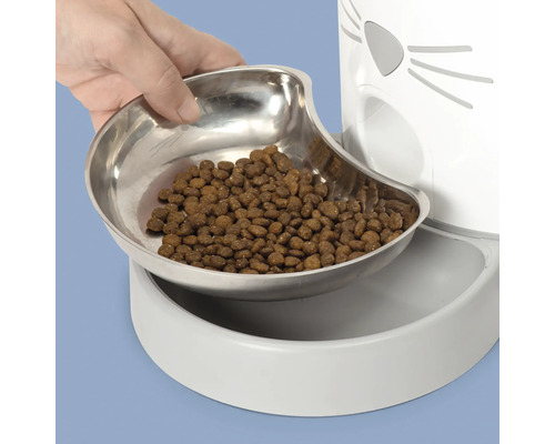 Automatisk foderautomat för katter med matskål i rostfritt stål och foder