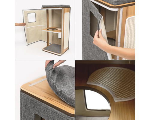 Kattbo med klösstolpe, liggytor och tygklädsel