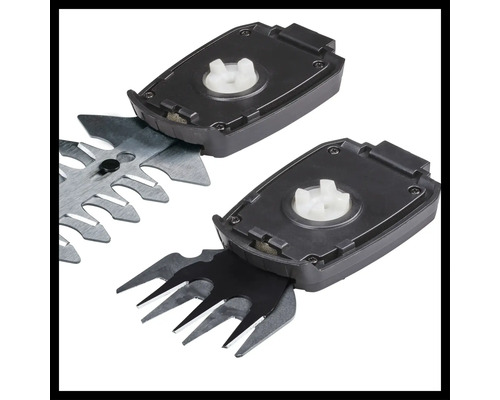 Närbild av två tillbehör för grässaxar och busksaxar