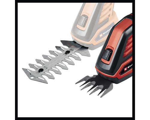 Einhell logotyp. Gräs- och busksax med olika tillbehör.