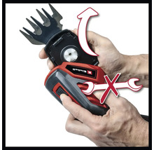 Einhell logotyp. Bild av en grässax med avtagbart skärtillbehör. Inga verktyg krävs för byte.