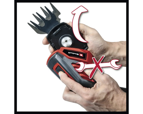 Einhell logotyp. Bild av en grässax med avtagbart skärtillbehör. Inga verktyg krävs för byte.