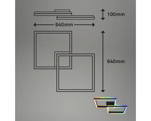 Bild på måtten för en taklampa: 640 mm lång, 640 mm hög och 100 mm djup