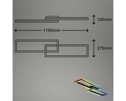 Teknisk ritning av en taklampa med måtten 1195 mm längd, 100 mm höjd och 275 mm bredd