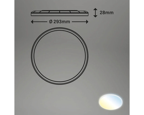 Teknisk ritning av en rund taklampa med måtten 293 millimeter i diameter och 28 millimeter i höjd