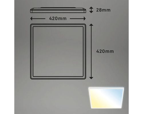 Teknisk ritning av en taklampa med måtten 420 mm x 420 mm och en höjd av 28 mm.