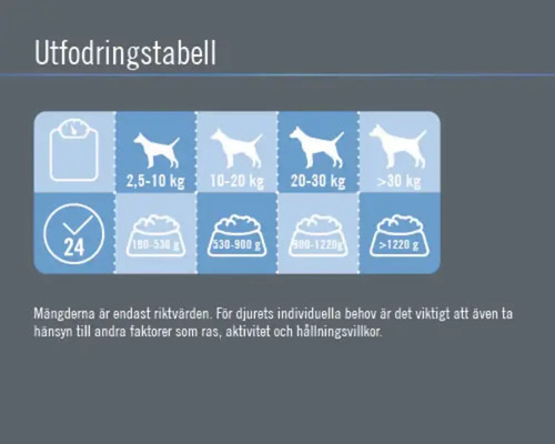 Utfodringstabell för hundar baserat på vikt och dagligt behov
