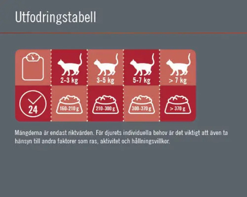 Utfodringstabell för katter baserat på vikt och mängd foder