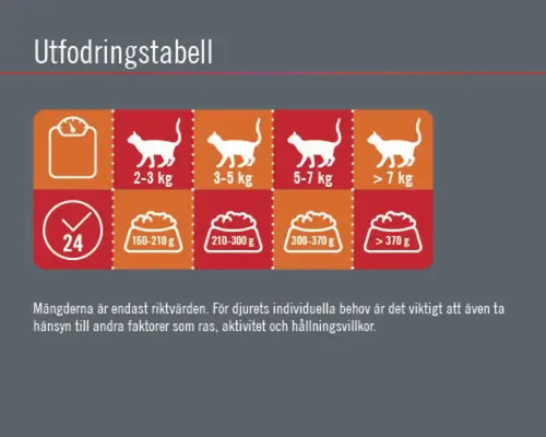 Utfodringstabell för katter baserad på vikt och mängd mat.