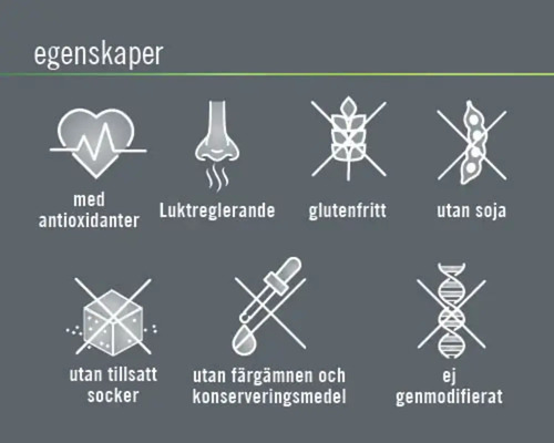 Egenskaper: med antioxidanter, luktreglerande, glutenfritt, utan soja, utan tillsatt socker, utan färgämnen och konserveringsmedel, ej genmodifierat