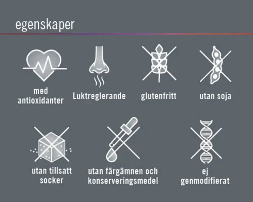 Egenskaper: Med antioxidanter, luktreglerande, glutenfritt, utan soja, utan tillsatt socker, utan färgämnen och konserveringsmedel, ej genmodifierat.