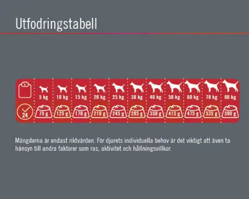 Utfodringstabell för hundar efter vikt och fodermängd
