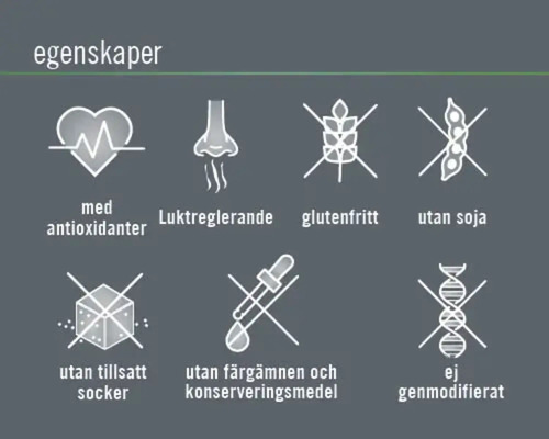 Egenskaper: Med antioxidanter, luktreglerande, glutenfritt, utan soja, utan tillsatt socker, utan färgämnen och konserveringsmedel, ej genmodifierat