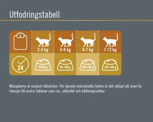 Utfodringstabell för katter med vikt rekommendationer och matmängd