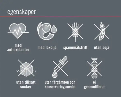 Egenskaper: Med antioxidanter, med laxolja, spannmålsfritt, utan soja, utan tillsatt socker, utan färgämnen och konserveringsmedel, ej genmodifierat