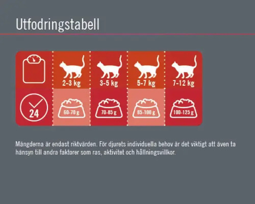 Utfodringstabell för katter efter vikt och dagsranson