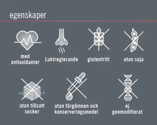 Egenskaper: Med antioxidanter, luktreglerande, glutenfritt, utan soja, utan tillsatt socker, utan färgämnen och konserveringsmedel, ej genmodifierat