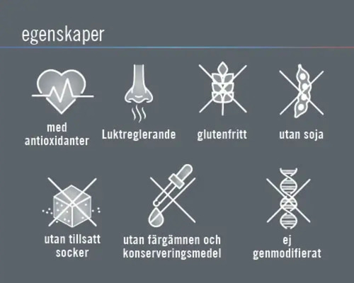 Egenskaper: Med antioxidanter, luktreglerande, glutenfritt, utan soja, utan tillsatt socker, utan färgämnen och konserveringsmedel, ej genmodifierat