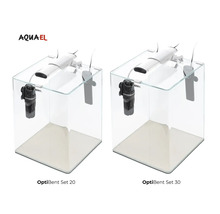 Två Aquael OptiBent akvariumset med filter och belysning