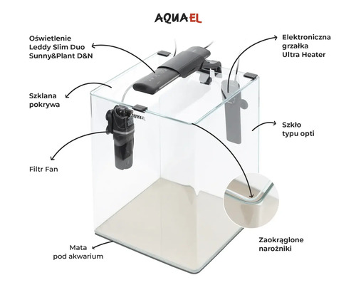 Komplett akvarium i glas med belysning, värme och filter