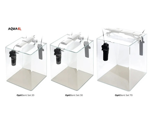 Tre Aquael OptiBent Set akvarier med filter och lampa