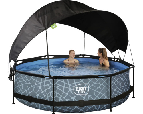 Rund pool med tak och stenmönster