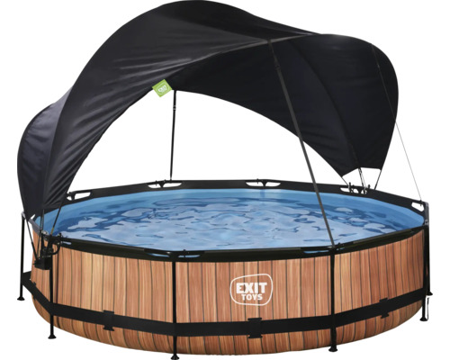 Rund ovanjordisk pool med solskydd och träutseende