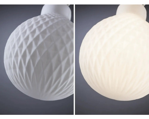 Dekorativ LED-lampa med geometriskt mönster, två vyer: tänd och släckt