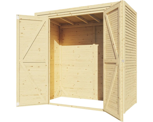 Öppet trädgårdsförråd i trä för trädgårdsredskap