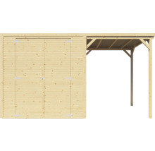 Träbod med dubbeldörr och carport