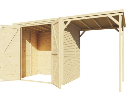 Trädgårdshus i trä med öppna dubbeldörrar och skydd