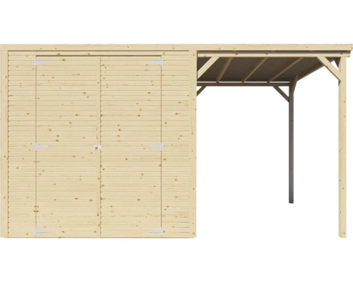 Trädgårdshus i trä med dubbeldörr och täckt yta