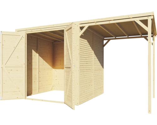 Trädgårdshus i trä med dubbeldörr och täckt terrass