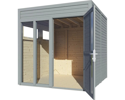 Modernt trädgårdshus med skjutdörr och dubbeldörr av trä