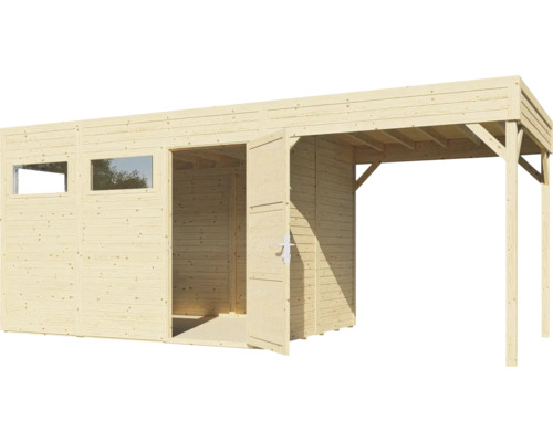 Trädgårdshus i trä med dubbeldörr och carport