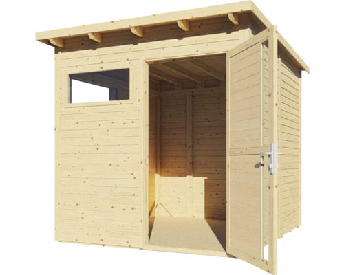 Trädgårdshus i trä med fönster och öppna dubbeldörrar