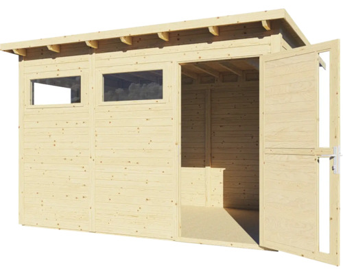 Trädgårdshus i trä med fönster och öppna dörrar