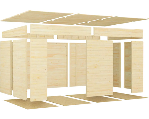 Sprängskiss av en trädgårdsskjul i trä med takelement, väggelement och golvelement