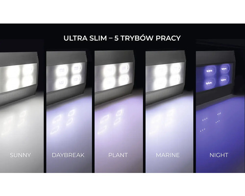 Akvarielampa med olika belysningslägen för olika tider på dygnet och växters behov.