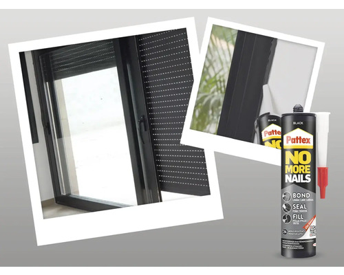 Pattex No More Nails monteringslim tillsammans med ett fönster med rullgardin