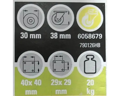Tekniska specifikationer för hjul: 30 mm hjuldiameter, 38 mm hjulhöjd, 40 x 40 mm och 29 x 29 mm hålavstånd, maximal lastkapacitet 20 kg