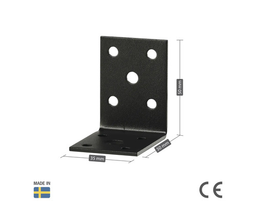 Svart vinkelbeslag med dimensioner och CE-märkning