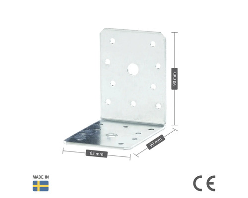 Vinkelbeslag av metall med måtten 90 x 90 x 65 millimeter