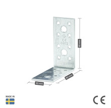 Vinkelbeslag av metall med måtten 90 x 90 x 40 millimeter
