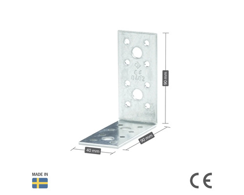 Vinkelbeslag av metall med måtten 90 x 90 x 40 millimeter