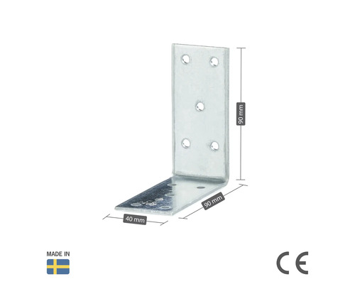 Vinkelbeslag av metall med måtten 90 mm x 90 mm x 40 mm