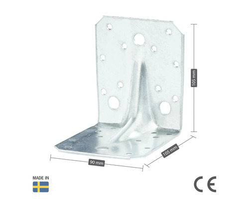 Vinkelbeslag av metall med måtten 105 x 105 x 90 millimeter