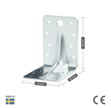 Vinkelbeslag av metall med måtten 90 x 90 x 65 millimeter