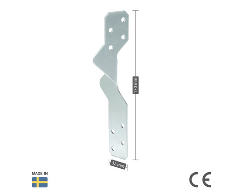 Vinkelbeslag i metall, 170 mm långt och 32 mm brett