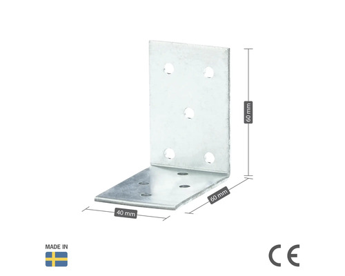 Vinkelbeslag av metall, 60 x 60 x 40 mm, med hål